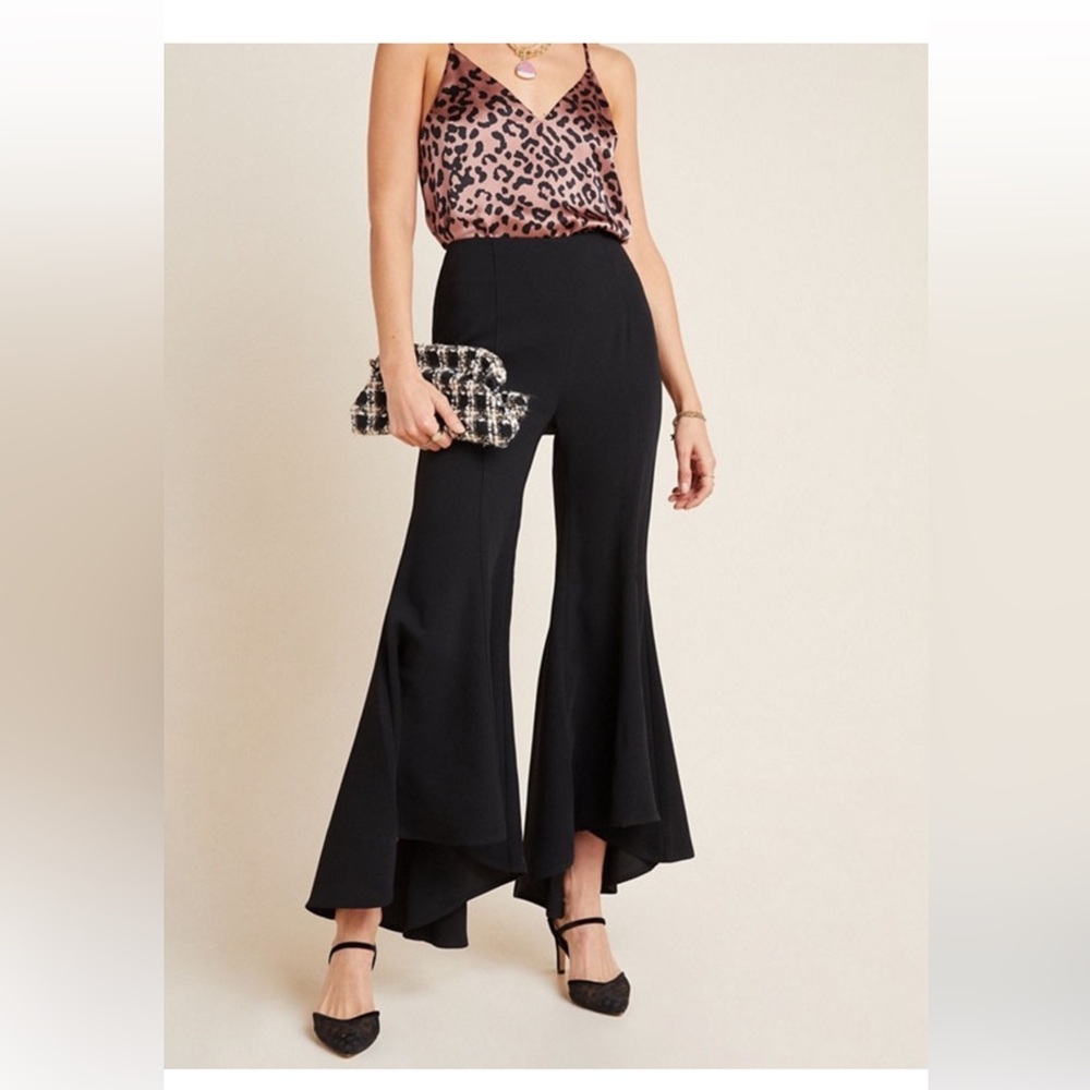 Anthropologie Black Wide-Leg Ruffle Hem Pants
